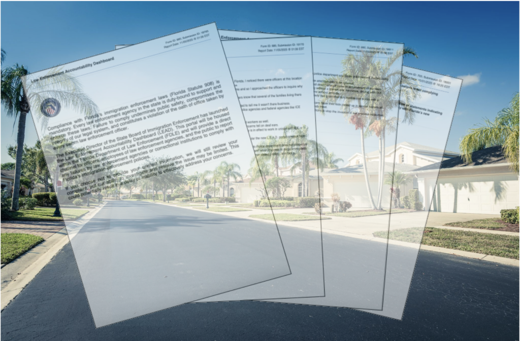Law Enforcement Accountability Dashboard submissions overlayed atop a photo of a Florida neighborhood.