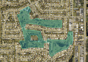 Highlighted map indicating the location of a golf course near Gulf Gate Drive.