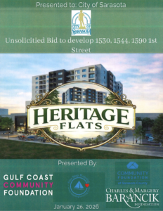 Graphic featuring a lifelike rendering of a high rise apartment building with a logo that reads "Heritage Flats."