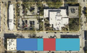 Map highlighting a parcel of land in downtown Sarasota.