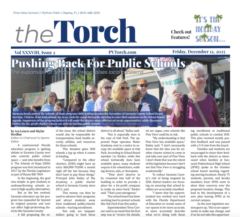 Front page of the second edition of Volume XXXVIII of The Torch, the Pine View student newspaper.