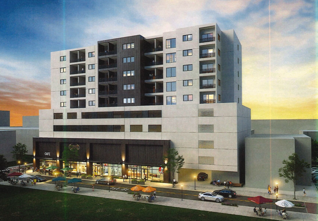 Lifelike rendering of a high rise apartment building.