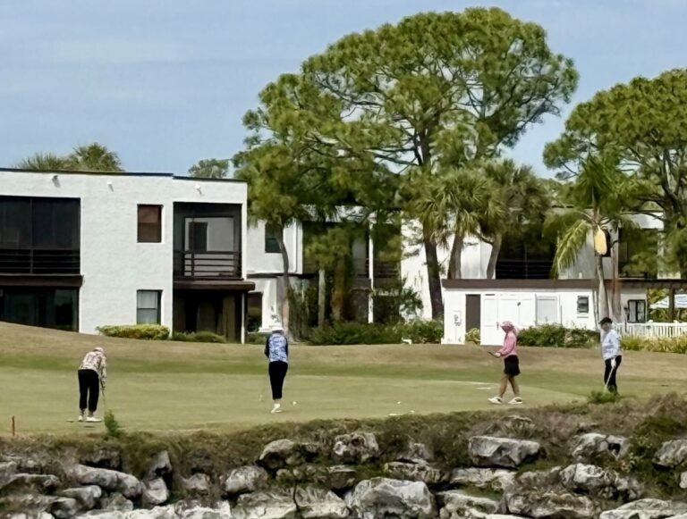 Four golfers near a modern residence.