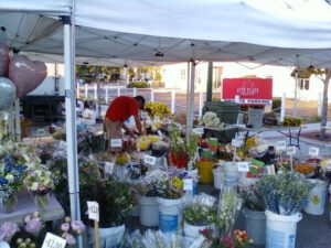 A tent at a farmers' market stocked with a wide variety of flowers.