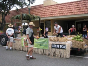 A market stall with a sign advertising "great food".