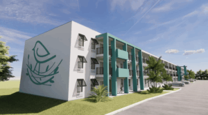 Rendering of an apartment complex with a minimalist mural of a bird in a nest on the side.