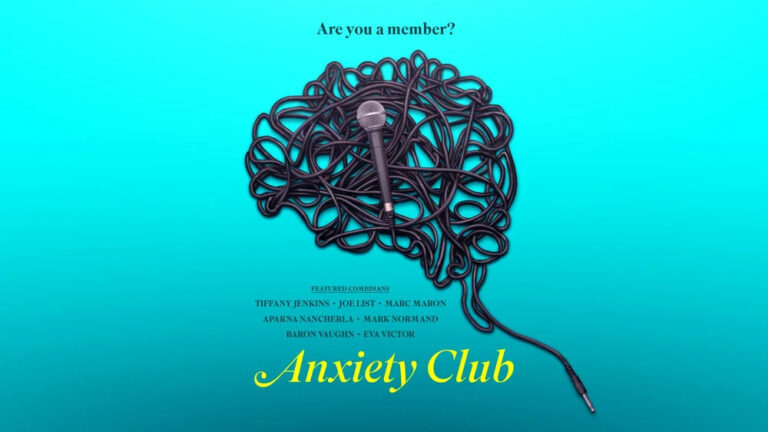Poster for a film titled "Anxiety Club" by Wendy Lobel featuring a graphic of a microphone atop tangled wires in the shape of a brain and text that asks "Are you a member?".