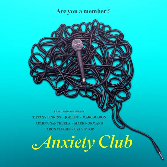 Poster for a film titled "Anxiety Club" by Wendy Lobel featuring a graphic of a microphone atop tangled wires in the shape of a brain and text that asks "Are you a member?".