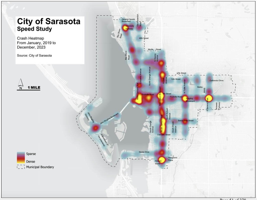A crash heatmap showing the density of vehicle accidents from 2019 to 2023 in Sarasota.