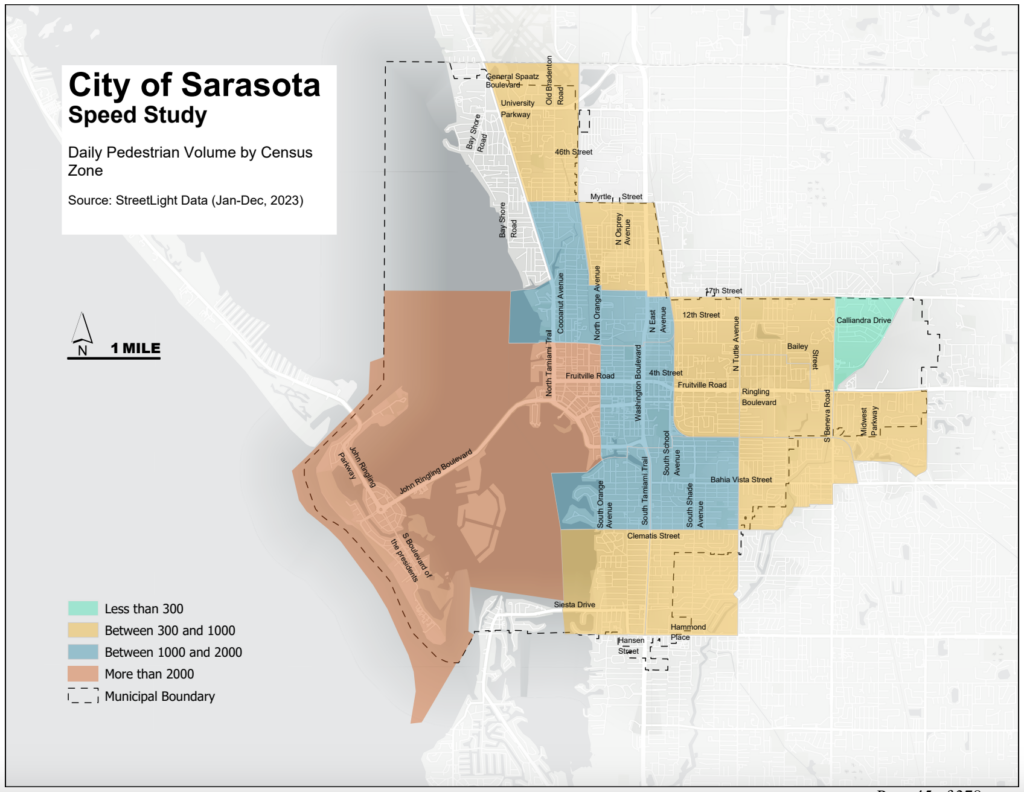 A map showing the daily volume of pedestrian traffic in Sarasota.