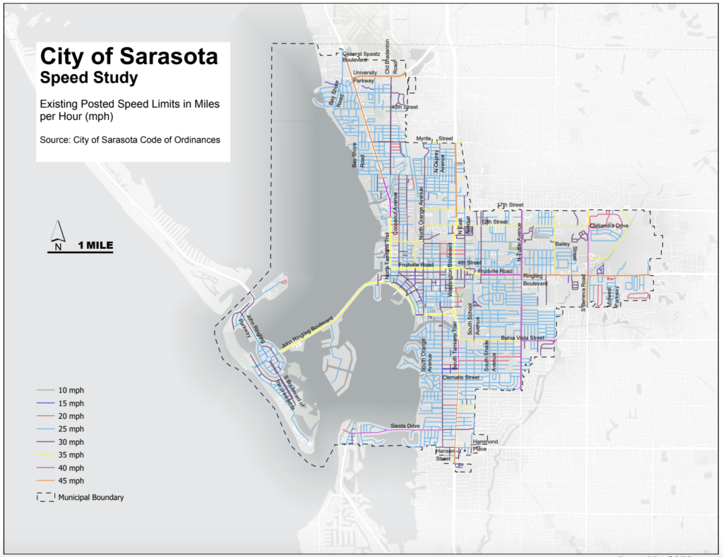 A map showing the existing posted speed limits in Sarasota.