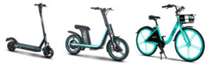 A Veo-brand electric scooter, seated electric scooter and pedal bicycle.