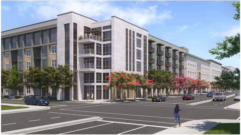 Lifelike rendering of a five-story apartment complex.