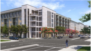 Lifelike rendering of a five-story apartment complex.