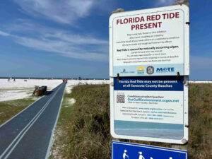 A sign by the shore informing beachgoers about the presence of red tide.