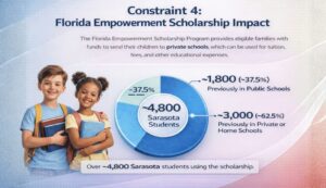 Presentation slide titled "Constraint 4: Florida Empowerment Scholarship Impact" illustrating the percentage of students in public and private schools benefiting from the scholarship, with the majority previously having been in private or home schools.