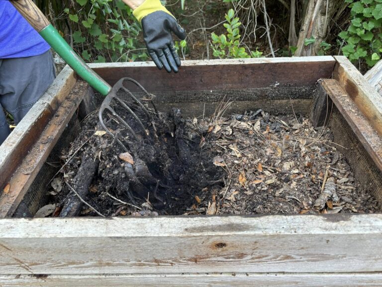 An unseen person holding a digging fork and gesturing to a compost bin.