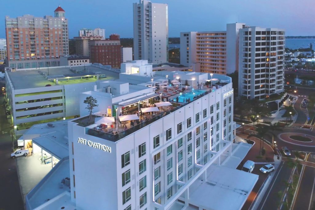 Aerial photo of Art Ovation downtown.