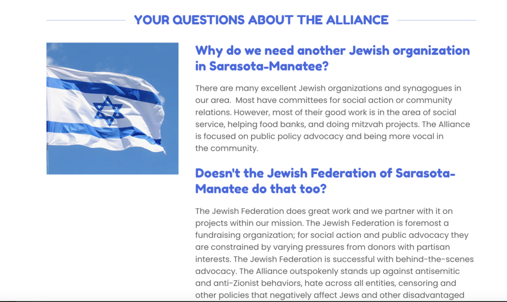 A screenshot from the Jewish Alliance's FAQ responding to the questions "Why do we need another Jewish organization in Sarasota-Manatee?" and "Doesn't the Jewish Federation of Sarasota-Manatee do that too?"
