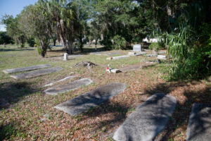 Several graves at a cemetery. Some have flowers.