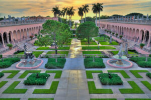 Aerial view of the Ringling Museum of Art. A cast of Michelangelo's David is visible at one end of the courtyard.