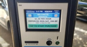 Touchscreen display of a Sarasota parking meter.