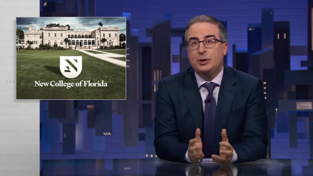 A still from Last Week Tonight of John Oliver speaking with a New College of Florida graphic in the top left.