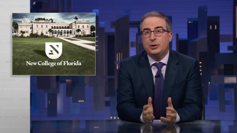 A still from Last Week Tonight of John Oliver speaking with a New College of Florida graphic in the top left.