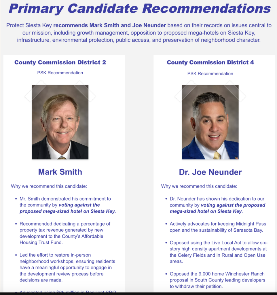 A screenshot frrom the2026 Elections page of the Protect Siesta Key website stating that the group endorses Mark Smith and Joe Neunder for Sarasota County Commission.