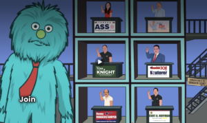 Illustration of KVO next to a lineup of parody characters representing local public officials.