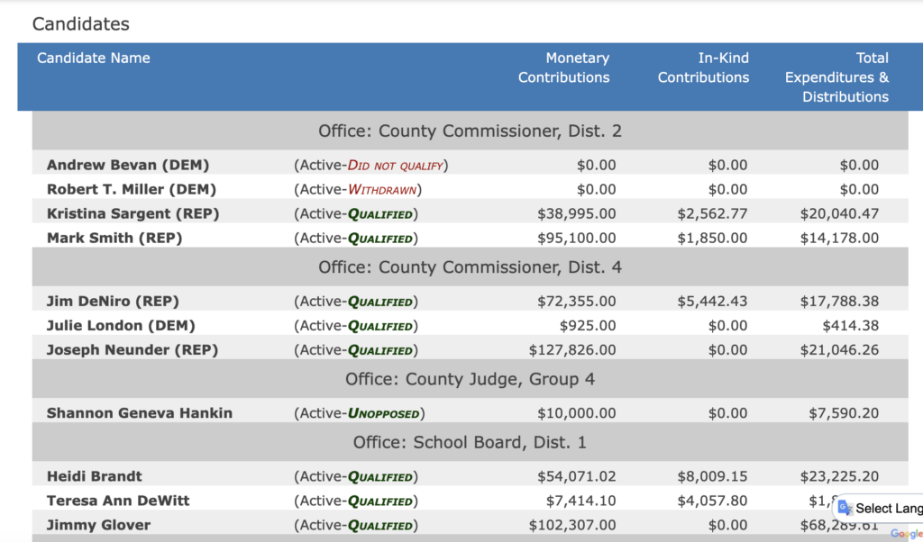 A screenshot listing the candidates for upcoming local elections.