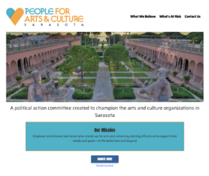 Landing page for a PAC called People for Arts & Culture Sarasota.