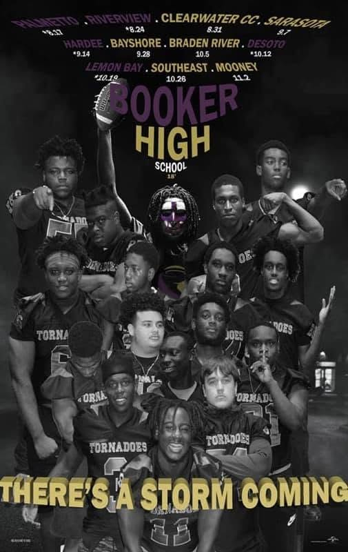 Poster featuring the Booker Tornadoes' roster with text that reads "Booker High" and "There's a storm coming".