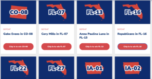 A screenshot of the DCCC's Districts In Play web page, which includes CO-08, FL-07, FL-13, and FL-16.