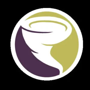 A purple and yellow circle logo with a white tornado symbol.