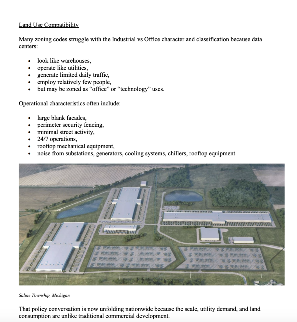 A staff report on data centers' land use compatibility citing reasons why it is difficult to categorize data centers under either "Industrial" or "Office" use and including an aerial photo of a data center in Saline Township, Michigan.
