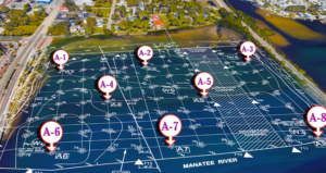 Locations numbered A-1 through A-8 highlighted on a map of the Manatee River.