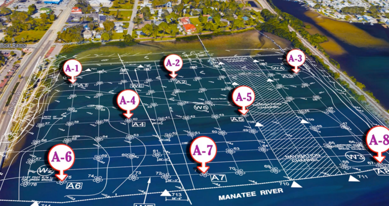 Locations numbered A-1 through A-8 highlighted on a map of the Manatee River.