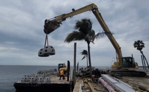 Workers lift reef balls using a crane near the water.
