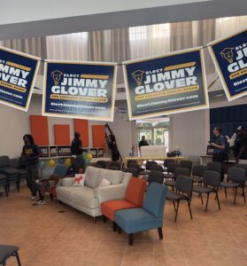 A venue decorated with signs in support of Jimmy Glover.