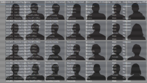 A grid of silhouetted faces overlayed with a spreadsheet of immigration data.