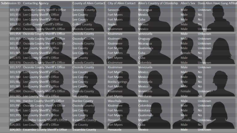 A grid of silhouetted faces overlayed with a spreadsheet of immigration data.