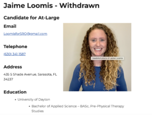 A photo of Jaime Loomis smiling next to text that reads "Laime Loomis - Withdrawn" among other details of her candidacy.