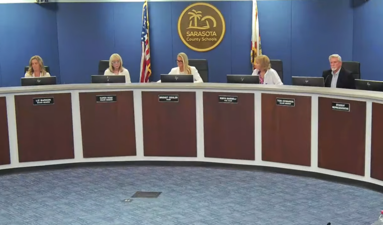 Liz Barker, Karen Rose, Bridget Ziegler, Robyn Marinelli and Tom Edwards in the Sarasota School Board meeting room.
