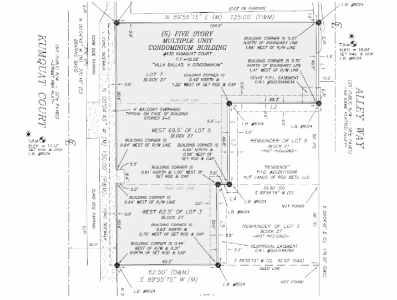 Illustration detailing the dimensions of a five-story multiple unit condominium building.