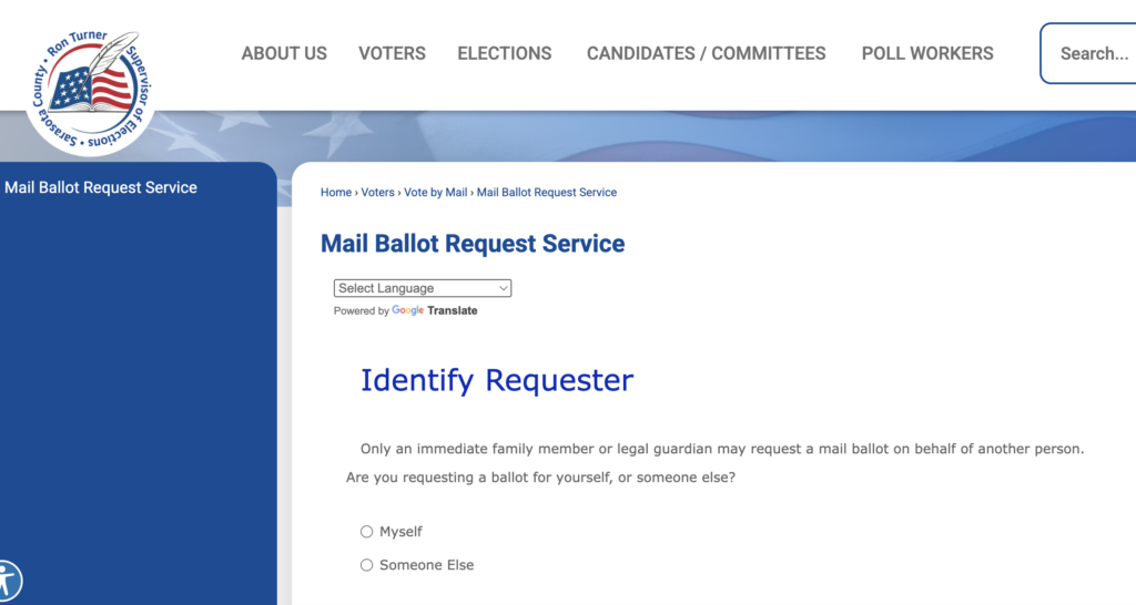 Screenshot of the vote-by-mail ballot request page on the Supervisor of Elections website.