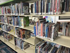Library shelves.