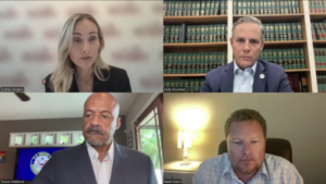 Screenshot from a video call between Sydney Gruters, Kelly Kirschner, Trevor Pettiford and Mark Davis.