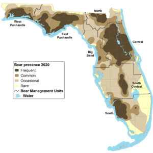 A map showing the distribution of bears across Florida in 2020.