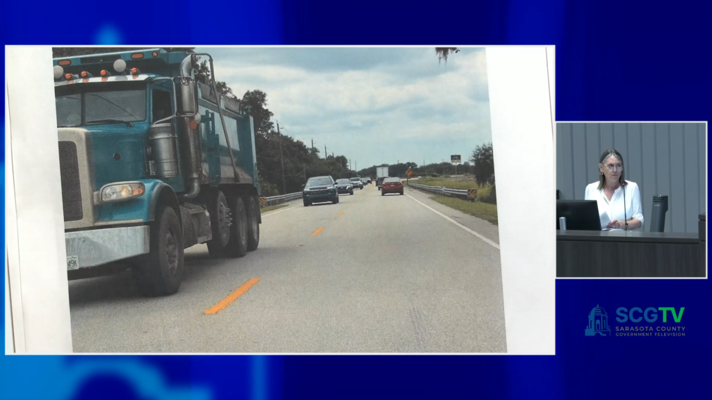 Photo of heavy oncoming traffic on a two-way road next to a photo of Jane Grandbouche speaking.